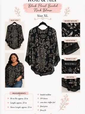 Roz & Ali Black Floral Beaded Neckline Chiffon Blouse - XL
